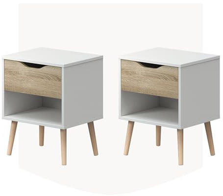 Lourini Mesitas de Noche 2 Pack, Mesillas de Noche de Madera, Estilo Nórdico, 1 Cajón, Mesita Auxiliar Moderna para Dormitorio o Salón (Roble Natura)