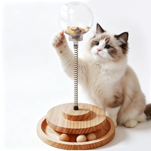 KatzenSpielzeug mit Futterball Snackball, Roller Tracks Katzen Spielzeug Intelligenzspielzeug Holz mit Drehteller, IQ-Training Snackball leckerli Spielzeug für Katzen Kitten Selbstbeschäftigung