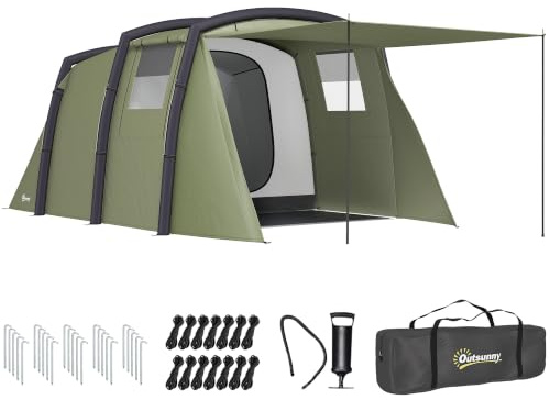Outsunny Tienda de Campaña Inflable Familiar Tipo Túnel para 3–6 Personas Tienda de Campaña Glamping con Vestíbulo Ventanas de Malla y Bolsa de Transporte Protección UV 50+ Impermeable Verde Oliva