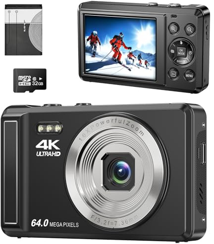 4K Digitalkamera mit 32 GB SD-Karte – 64MP Kompaktkamera, mit Autofokus, 16-facher digitaler Zoom und wiederaufladbarem Akku