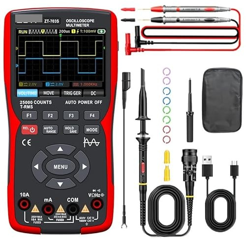 Osciloscopio digital 3 en 1 ZT703S, multímetro, ancho de banda 50 MHz, frecuencia 280 MS, almacenamiento datos forma onda PC, generador señal dual, comprobador(ZT-703S)