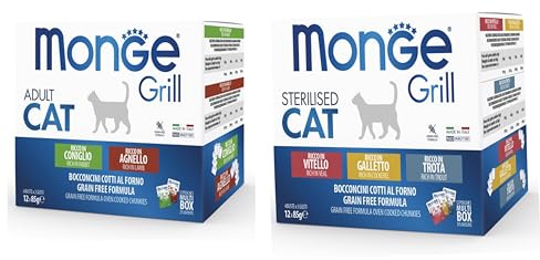 Monge Grill Sterilised Cat, 1 Multipack 12 x 85 g, Gusti Vitello, Galletto e Trota, Formula Grain Free 1 Monge Grill Multipack 12 Buste da 85 g al Coniglio, Agnello per gatti adulti