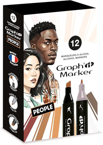 Graph'it - Set de 12 Marqueurs à Alcool Double Pointe : Fine et Biseautée pour Dessin de Manga, Illustration, Colorant, Esquisse, Écriture - Rechargeables - Set People