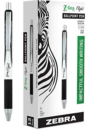 Zebra Pen Z-Grip Flight Retractable Ballpoint Pen, Bold Point 1.2mm, Black Ink, School Supplies, Teacher Supplies, and Office Supplies, Smooth Writing, Quick-Drying, 12-Pack (21910)