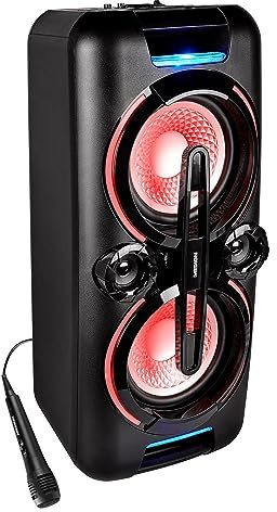 MEDION X61555 Party-Soundsystem (Party Lautsprecher mit Bluetooth 2.1, Akku für bis zu 4 Std., Kompaktanlage, 2 x 350 Watt, X-Bass, PLL UKW, Mikrofonanschluss, Verschiedene Beleuchtungseffeke)