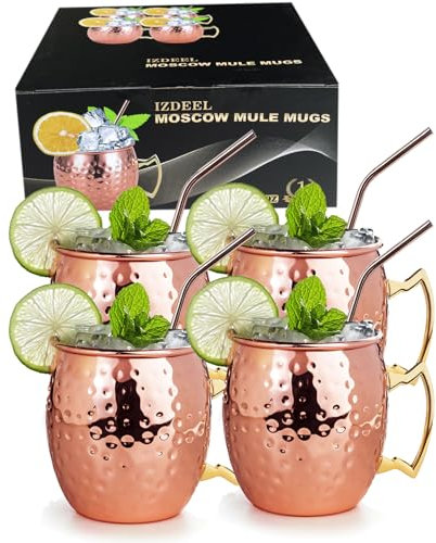 izdeel Vasos Moscow Mule Cobre Mug de Moscú Copas de Cóctel, para Cócteles, Vodka, Bebidas Frías, Hogar, Bar, Fiesta, San Valentín, Navidad, Año Nuevo, Cumpleaños, Regalos Caja (4 Tazas y 4 Pajitas)
