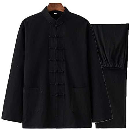 QPZK Baumwolle Leinen Tai Chi Uniform Kung Fu Anzug Chinesisch Traditionelle Kleidung Tang Anzug Herren Kampfkunst Jacke Atmungsaktiv Langarm Mantel Tops Zen Meditation Uniform, Schwarz, L/XL