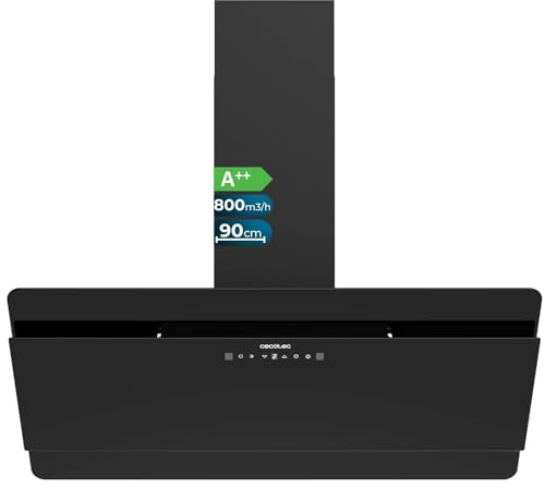 Cecotec Hotte aspirante Bolero Flux DT 908000 Glass Black A++ 90 cm, façade en verre noir, 800m3/h, 210W, A++, éclairage LED, contrôle tactile, 3 niveaux + Booster, filtre charbon.