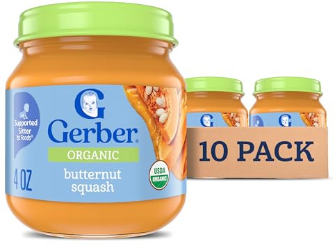 Gerber Stage 1 Baby Food, Organic Butternut Squash Jar, Baby Puree, Non-GMO, Vegetable, Puree Jars Glass, 10-pack