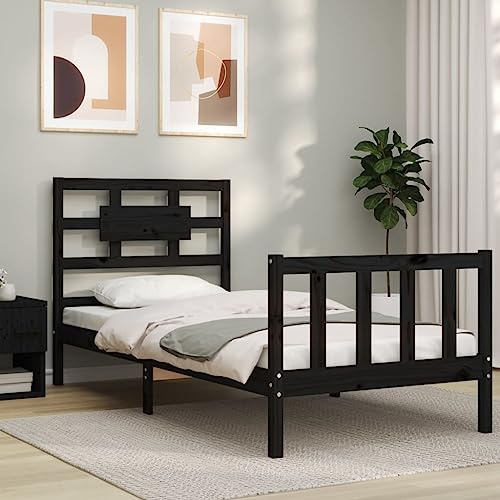 ZQQLVOO Bettgestell Familienbett Palettenbett Massivholzbett mit Kopfteil Schwarz 2FT6 Small Single