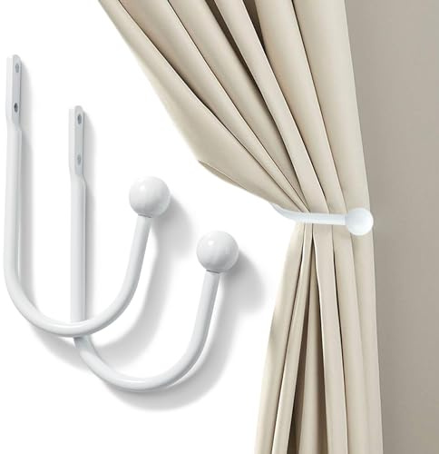Set of 2 Curtain Holdbacks, Metal Decorative Drapery Holdback, Wall Mounted Window Drapery Tiebacks for Bedroom, Livingroom, Office Come with Screws (White)