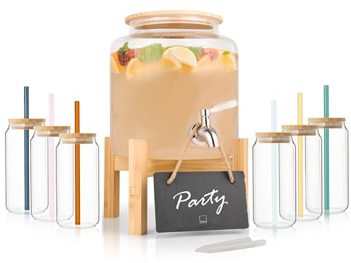 Sänger | Bowle Set mit Glas Strohhalmen und Gläsern, Bowle Gefäß mit Deckel aus Holz, Getränkespender mit Zapfhahn inkl 6 Gläsern, Getränke Spender für Glühwein und Bowle, 5 Liter Glasbehälter