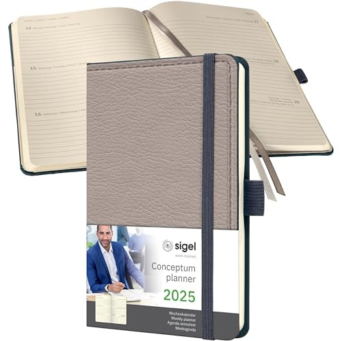 SIGEL C2554 Wochenplaner Wochenkalender 2025, Lederoptik, ca. A6, beige, Hardcover, 176 Seiten, Gummiband, Stiftschlaufe, Archivtasche, aus nachhaltigem Papier, Conceptum