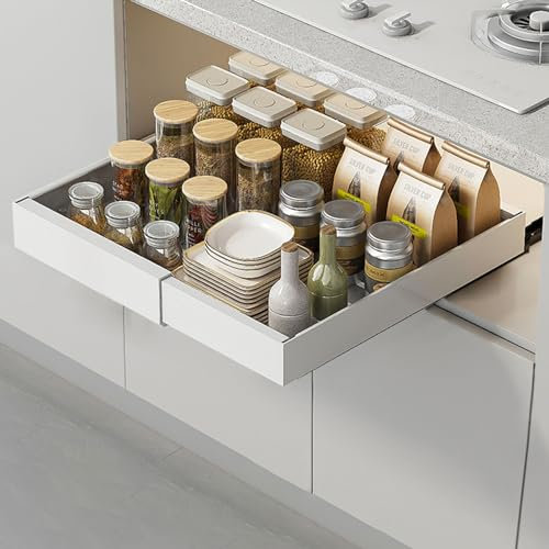 ESTUWD Teleskopschublade | Ausziehbare Schublade Küche | Schrank Schubladen Ausziehbar Breite (32 cm-52 cm) | Slide Out Drawer mit 2 Montagemethoden (Kein Bohren und Nageln Erforderlich)