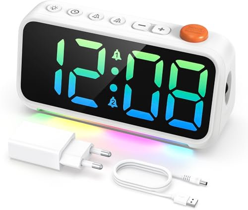 LATEC Wecker Digital, Digitalwecker mit 7 Modi RGB-Nachtlicht, 8 Farben LED Digitalanzeige, Einstellbarer Helligkeit und Lautstärke, 2 Alarme, Snooze, USB-Ladeanschluss, Netzbetrieben