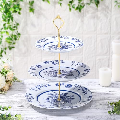 Lallisa Blue Floral 3 Tier Dessert Stand 10, 9 and 7 Ceramic Vintage Chinoiserie Tea Party Tiered Tray Cake Stand Display Holder Tower for Something Blue Before I Do Bridal Shower Decorations