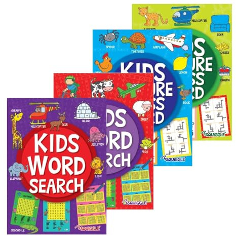 Sixstore Búsqueda de palabras para niños, juego de 4 libros de crucigramas, libro de búsquedas de palabras y crucigramas, tamaño 27 x 20 cm, búsqueda de palabras y libros de crucigramas, a partir de 7