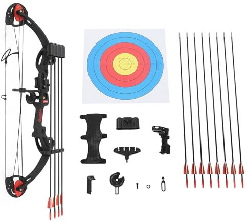 Compoundbogen Set für Jugendliche, 16-29 LBS Zuggewicht, 49-72 cm Zuglänge, 260 fps, Rechtshänder, Schwarz, Komplettes Set mit 12 Pfeilen, Zielscheibe und Zubehör (Schwarz)