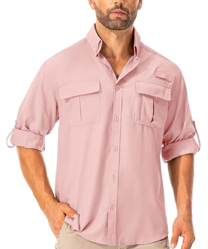 Chemise Asfixiado pour homme - Safari UPF50+ - Protection UV - Manches longues - Fonctionnelle - Pour la randonnée - Respirante - Séchage rapide - Casual - Button Down, Rose, L