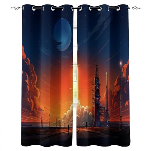 Générique Rideau Brise Vue 100X140cm(HxB) Lancement De Fusée Dessin Animé Rideaux Enfants Toile de fenêtre Thermique et occultante, Polyester, pour Chambre parentale A263-1636
