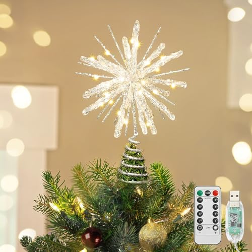 Luxspire Punta de Árbol de Navidad, Estrella Iluminada con Control Remoto USB, 10 Luces Decorativas de Metal Transparente, Luces Vintage Modernas para el Hogar Fiestas Navideñas, Echinoid Star-Silver