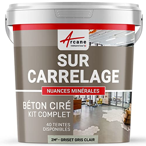 Béton Ciré sur Carrelage, Sol Mur 2 m² (en 2 couches) Griset Gris Clair | Cuisine, Salle de Bain, Plan de Travail, Accroche Renforcée, Anti-Taches, Résistant, Kit Complet - Arcane Industries