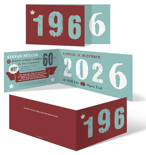 Kartenmachen.de Personalisierte 60 Jahre Runder Geburtstag 2026 Einladungskarten ab 10 bis 100 Stück - Retro Geburtsjahr