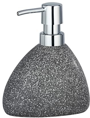 WENKO Seifendosierer Mod. Pion in natürlicher Stein-Optik, wiederbefüllbarer Pumpspender für Flüssigseife oder Desinfektionsmittel, Badaccessoire aus Keramik, 11,5 x 14,5 x 9 cm, Grau