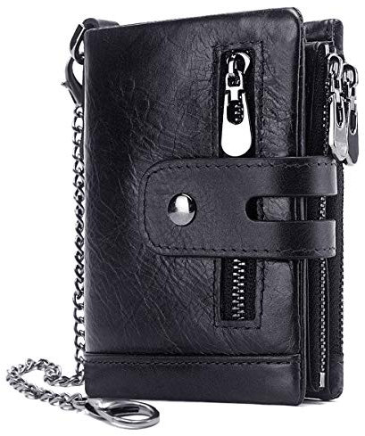 REETEE Herren Geldbörse RFID Schutz Männer Ledergeldbeutel mit Kette Doppelte Falte Herren Geldbeutel mit Münzfach Reißverschluss Portemonnaie 16 Kartenfächern Portmonee Brieftasche (schwarz)