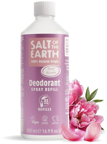 Natural Deodorant Spray Refill från Salt of the Earth, Peony Blossom - Vegansk, Långvarigt Skydd, Godkänd av Leaping Bunny, Tillverkad i Storbritannien - 500 ml
