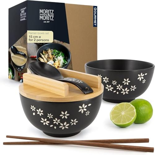Moritz & Moritz 2u. Cuenco para ramen de cerámica - 600 ml - 15 cm Ø - Juego de cuencos negros para ramen para 2 personas - Para sopa, pho y cuenco de sushi - Incluye palillos y cucharas