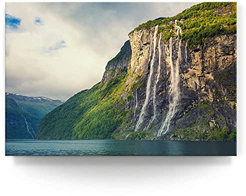 BilderKing Wandbild Wasserfall Norwegen - 150cm x 100cm Leinwand auf 4cm Keilrahmen
