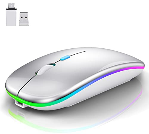 LEAPEST Ratón óptico LED inalámbrico, Bluetooth, recargable, portátil (Bluetooth 5.0 + USB) 2,4 GHz, ratones para MacBook Air Pro, iPad, Mac, PC, ordenador, ordenador portátil, escritorio (plata)