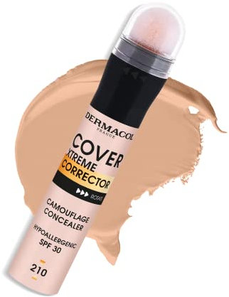 Dermacol - Cover Xtreme Corrector Contorno en Barra, Líquido de Contorno de Larga Duración No Alergénico con SPF30, Fórmula Ligera de Alta Cobertura Corrector de Ojeras para Pieles con Acné No.1 (208)