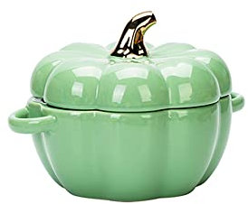 通用 Calabaza Cuenco para Sopa con Asa Doble Tazón y Tapa 400ML Cerámico Creativo Lindo Vajilla Microondas Horno Desayuno Fruta Ensalada Postre Pudín Horneando (Verde)