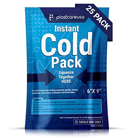 25 Pack 6 x 9 Disposable Ice Packs for Injuries, Swelling, Muscle & Joint Aches, Sprains & Abrasions - Easy to Use Disposable Cold Compress for Pain Relief - PlastCare USA Instant Cold Packs