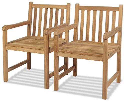 Hommdiy Teak Massiv Gartenstuhl mit Armlehne Essstuhl Holzstuhl Gartensessel Stuhl Stühle Sessel Gartenstühle Terrassenstuhl Garten (2X)