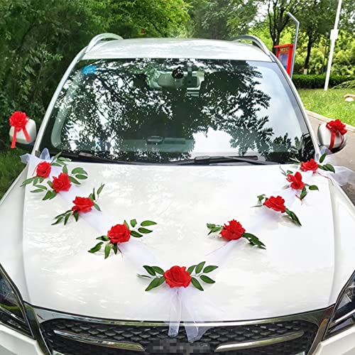 Autoschmuck Hochzeit Motorhaube, Hochzeitsdeko Auto Prächtige Set (mit 2 Autoschleifen Hochzeit Schleife + 9 Blumen) Deko Hochzeit für Alle Automodelle Schleife Herz Vintage Girlande Starkem Saugnapf
