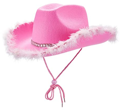 Geagodelia Filz Cowboyhut Damen Flauschig mit Federn Krempe Tiara Cowgirl Kostüm Hut Erwachsene Halloween Kostüme Hut Karneval Partyhut (Pink B, Einheitsgröße )