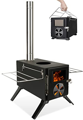 Camping Stove for Hot Tents, LAMA Carbon Steel Wood Burning Stove with Stainless Wall Chimney Pipes for Tents, Shelter, Outdoor Portable Stove for Camping Heating and Cooking, Black