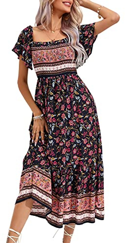 KOJOOIN Sommarklänning, bohemisk, kortärmad maxiklänning, trendig strandklänning, lång, blommig volangklänning, fritidsklänning (återanvändbar förpackning), A-mörkblå, XL