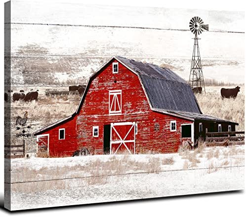 Wandkunst, Motiv: Scheune, rote Scheune, Wanddekoration, Küche, Bauernhaus, Hochlandkuh, Windmühle, Leinwanddrucke, Poster für Wohnzimmer, Vintage, abstrakt, Natur, Landschaft, Heimdekoration, 30,5 x