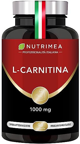 L-Carnitina Tartrato | 1000 mg | Trasforma gli Acidi Grassi in Fonte di Energia | Recupero muscolare | Pre-Allenamento | Con vitamina B6 | 90 capsule | Nutrimea