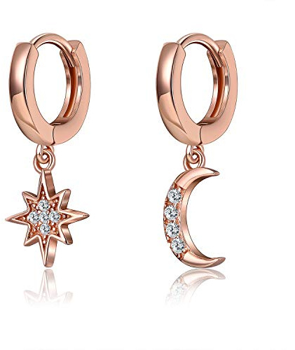 Womens Moon Star Dangle Small Hoop Cubic Zirconia Earrings Girls Sterling Silver Crystal Asymmetrical Snowflake Crescent Drop Mini Cartilage Clip Jewelry Delicate Birthday Gifts