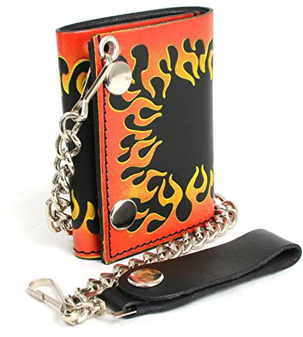 Milwaukee Leather MLW7832 Men's 4” Leather “Flamed” Tri-Fold Biker Wallet w/Anti-Theft Stainless Steel Chain - One Size