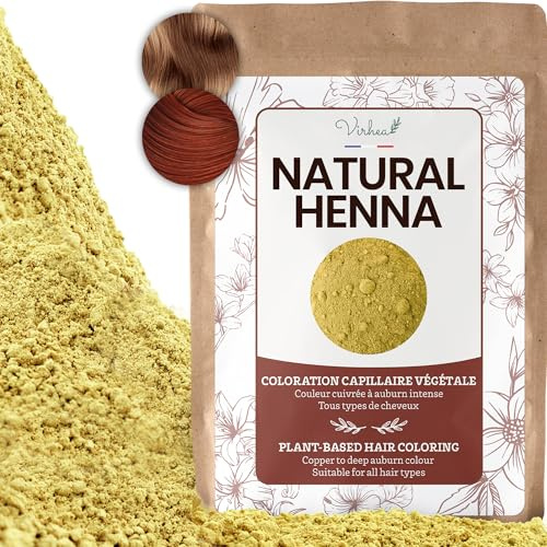 VIRHEA® Henné Naturel 500 g (Auburn et Cuivré) – Coloration Végétale Cheveux – Soin Brillance, Vitalité & Volume, Anti-Pelliculaire – Henné pour Tatouage Main, 100% Naturel – Emballage refermable
