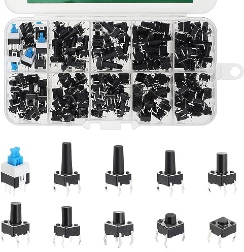 SMGDA 180 piezas Interruptores pulsadores táctiles, 10 tamaños 6x6 mm 4 pin de surtido de interruptores, botón momentáneo para Arduino PCB de tablero de pan Circuito electrónico