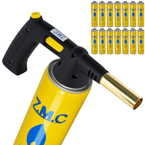 ZMC Gasbrenner 1,5 kW + 14 Gaskartuschen 330g, Flambierbrenner bis zu 1350°C, mit Piezo-Zündung, Bunsenbrenner Lötbrenner, Küchenbrenner mit einstellbare Flamme, Gasanzünder Brenneraufsatz für Camping