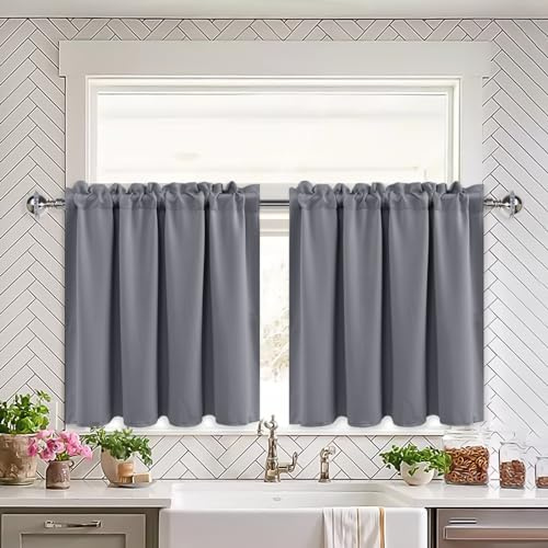 XWZO Grau Gardinen Blackout, Vorhänge Blickdicht, Küchengardinen Bistrogardine Kurzer Scheibengardinen für kleines Fenster, Wohnwagen, B 66cm x H 114cm pro Paneel, 2er Set