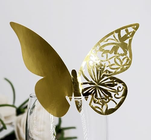 100 segnaposto a forma di farfalla, in vetro, per decorazione da tavolo, per matrimoni, feste, casa, decorazione da tavolo, per bicchieri da vino, tazza, oro riflettente
